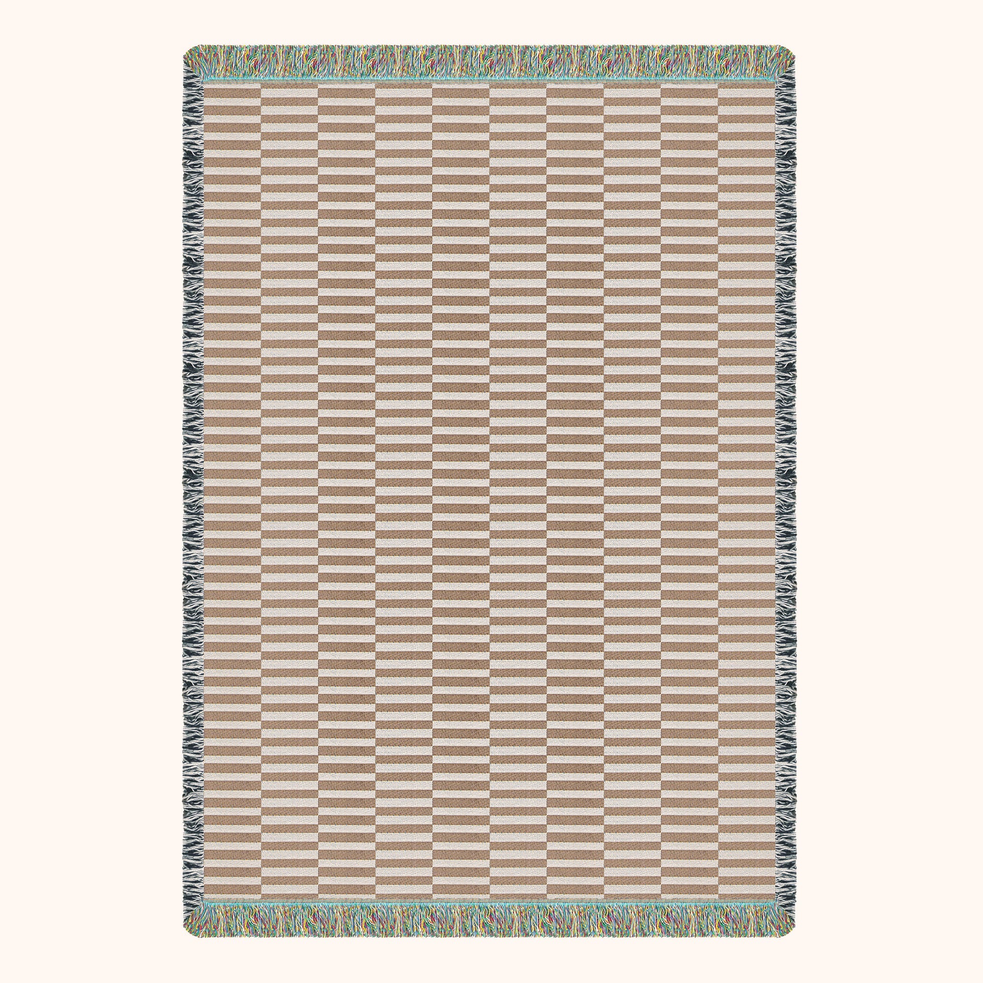 Rectangular woven blanket with a striped pattern on a white background